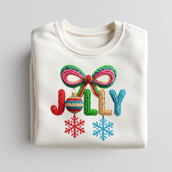 NEW Christmas Jolly Sweatshirt Faux Yarn Pink Green Bow. Any Size X M L XL XXL - Picture 3 of 10